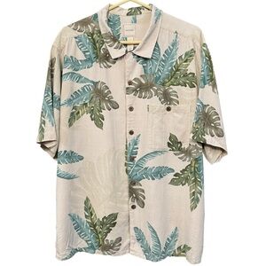 Saddlebred XL Silk Hawaiian Shirt Beige Green Palm Leaf Aloha Camp